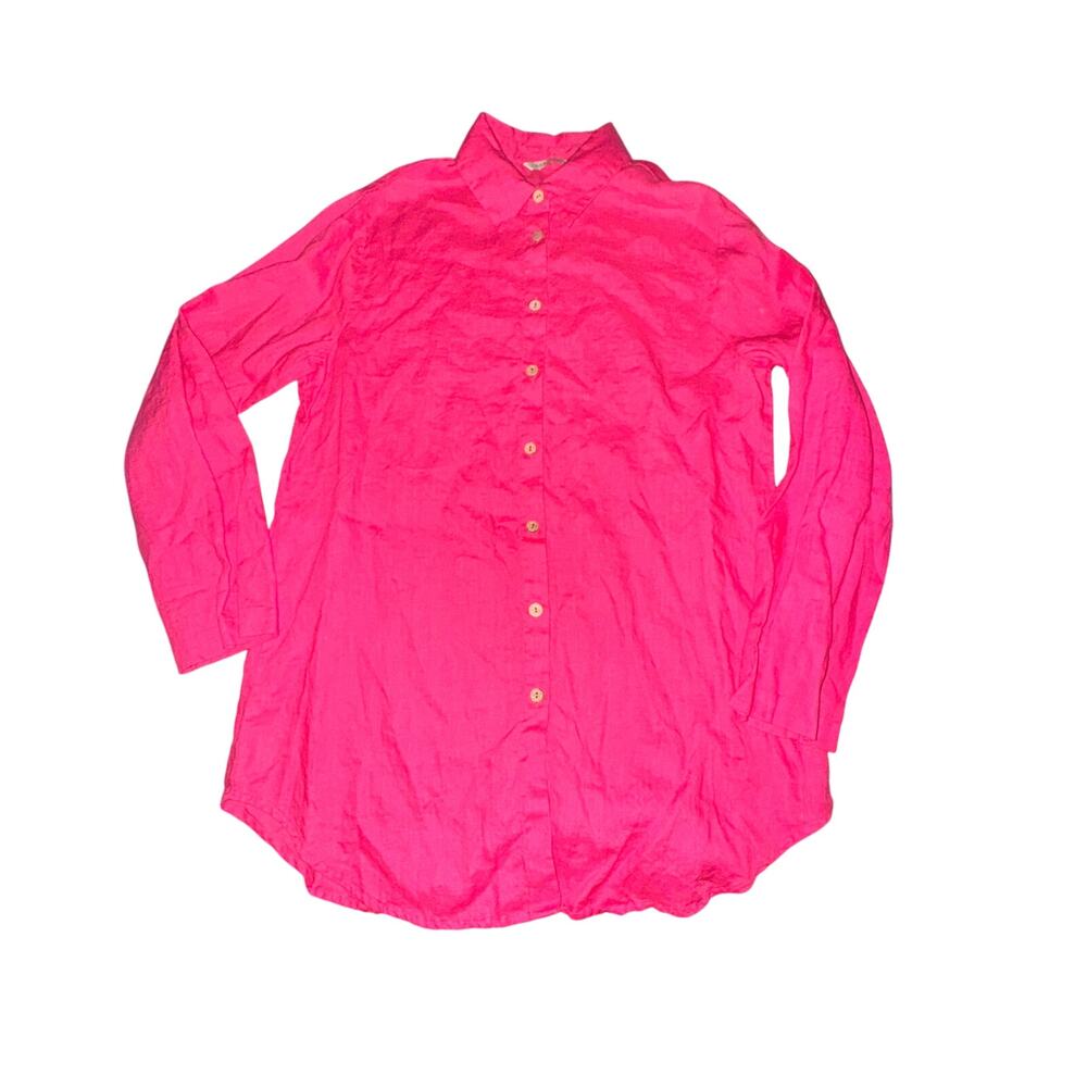Soft Surroundings Tunic Blouse Women's Size S Bright Pink 100% Linen L/S Button